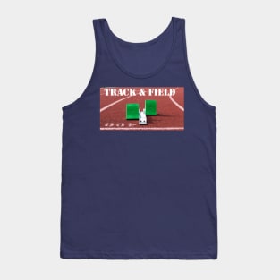 Track and field written above green starting blocks on a red track Tank Top